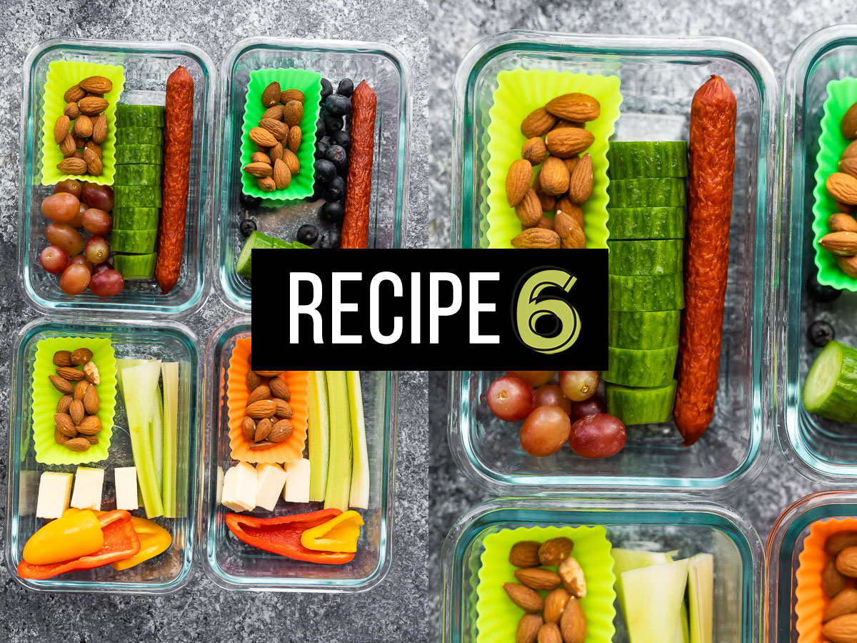 collage image of meal prep containers filled with multiple foods