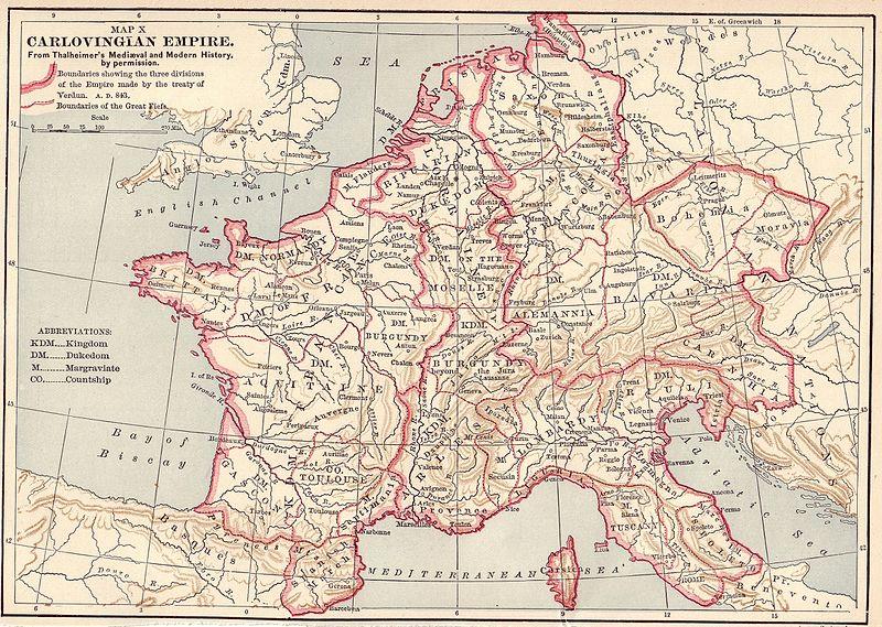 Map of Charlemagne's empire encompassing much of western and central Europe.