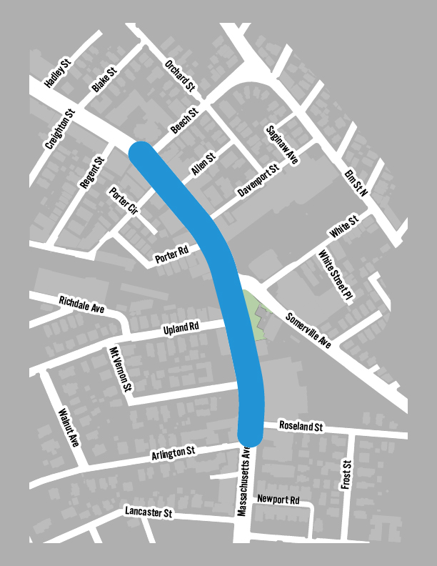 Porter Square map: Arlington St. to Beech St, 1400 ft