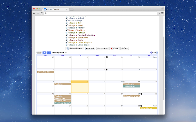 Screenshot of Holidays Calendar with Drive