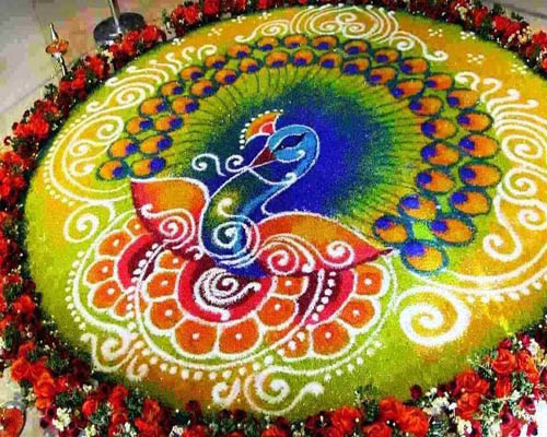 30+ Beautiful Peacock Rangoli Designs | Latest Collection 2021