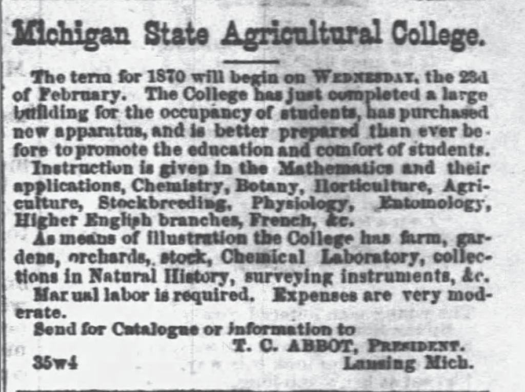 advertisement for Michigan State Agricultural College 