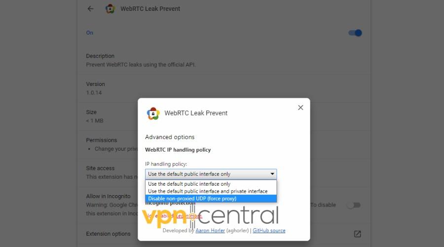 chrome extenstion webrtc leak prevent disable non-proxied udp (force proxy)