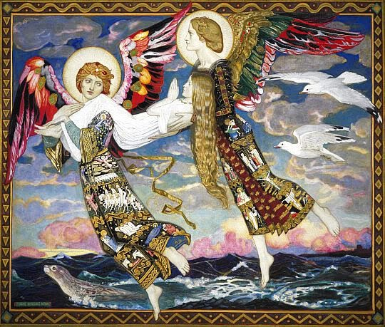 A painting with vivid colors. Two winged angels are carrying a golden-haired woman through the sky above a sea that includes a seal. Two seagulls accompany the group.