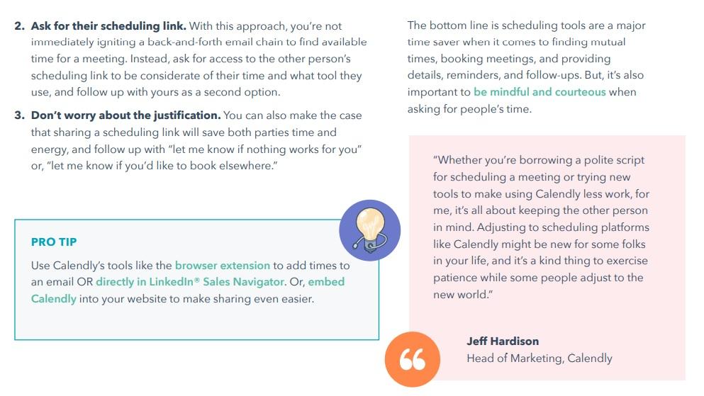 A page on scheduling successful prospecting meetings from HubSpot’s Prospecting and Objection Handling Guide.