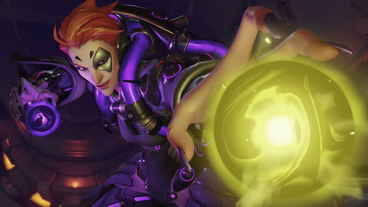 Overwatch 2 villain Moira stares at the camera whilst wielding both her damage and healing orbs.