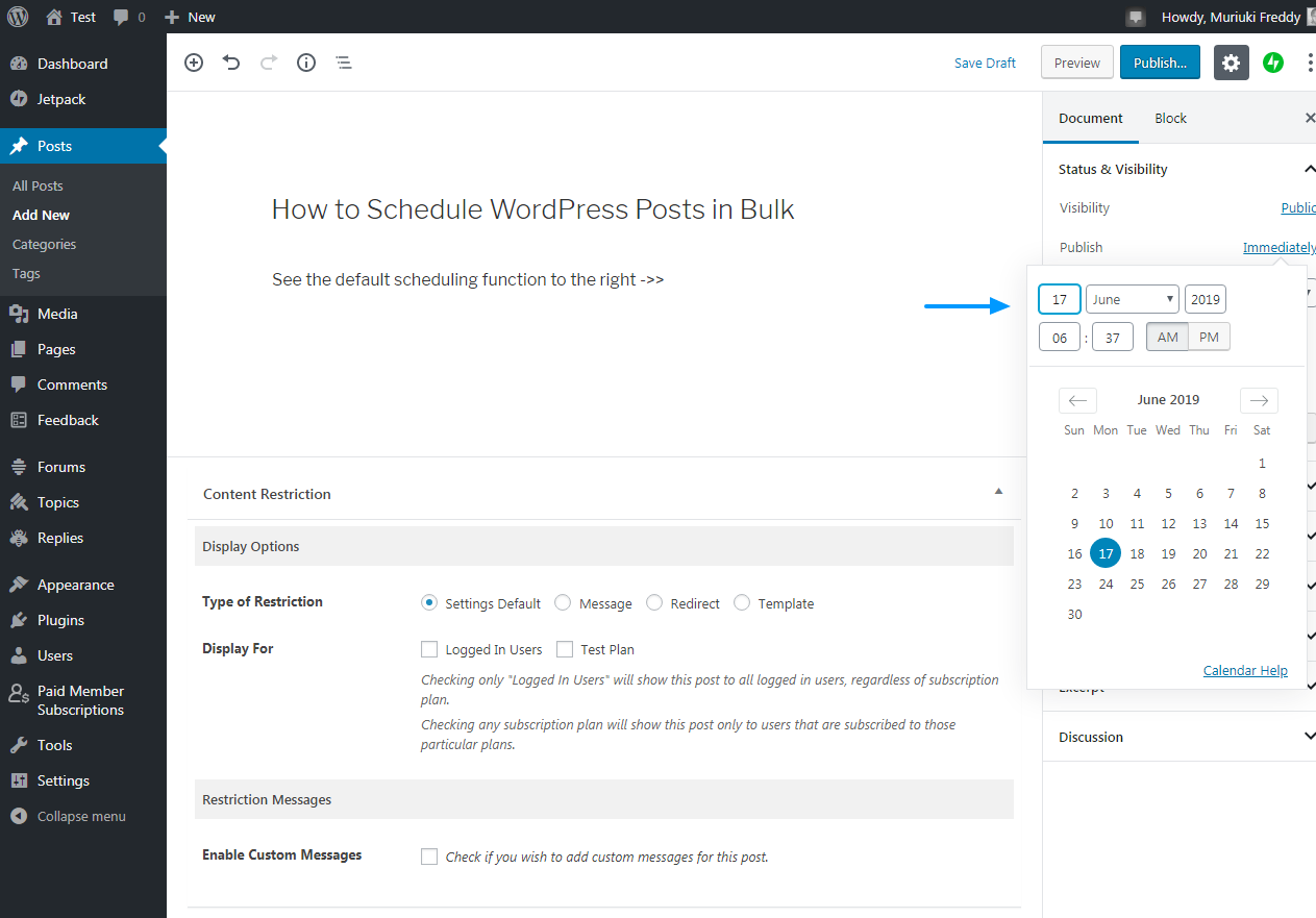 tính năng lịch trình bài viết mặc định wordpress