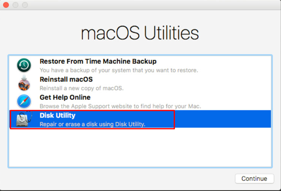 Recovery Mode > macOS Utilities > Disk Utility