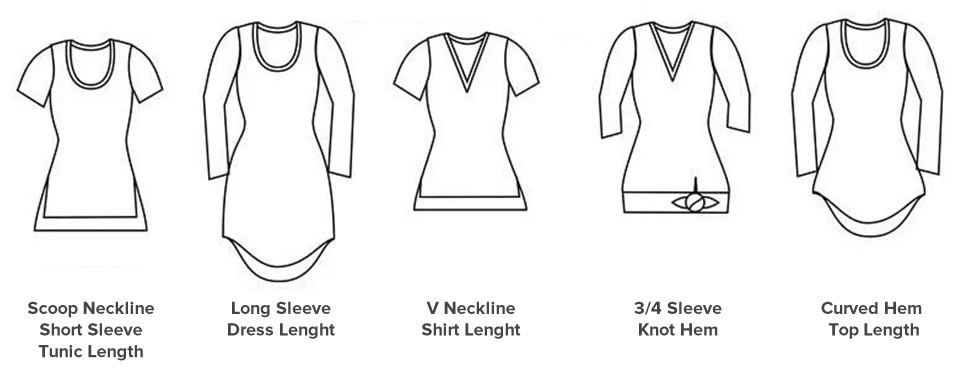 Various t-shirt bottom hem types for hip measurements.
