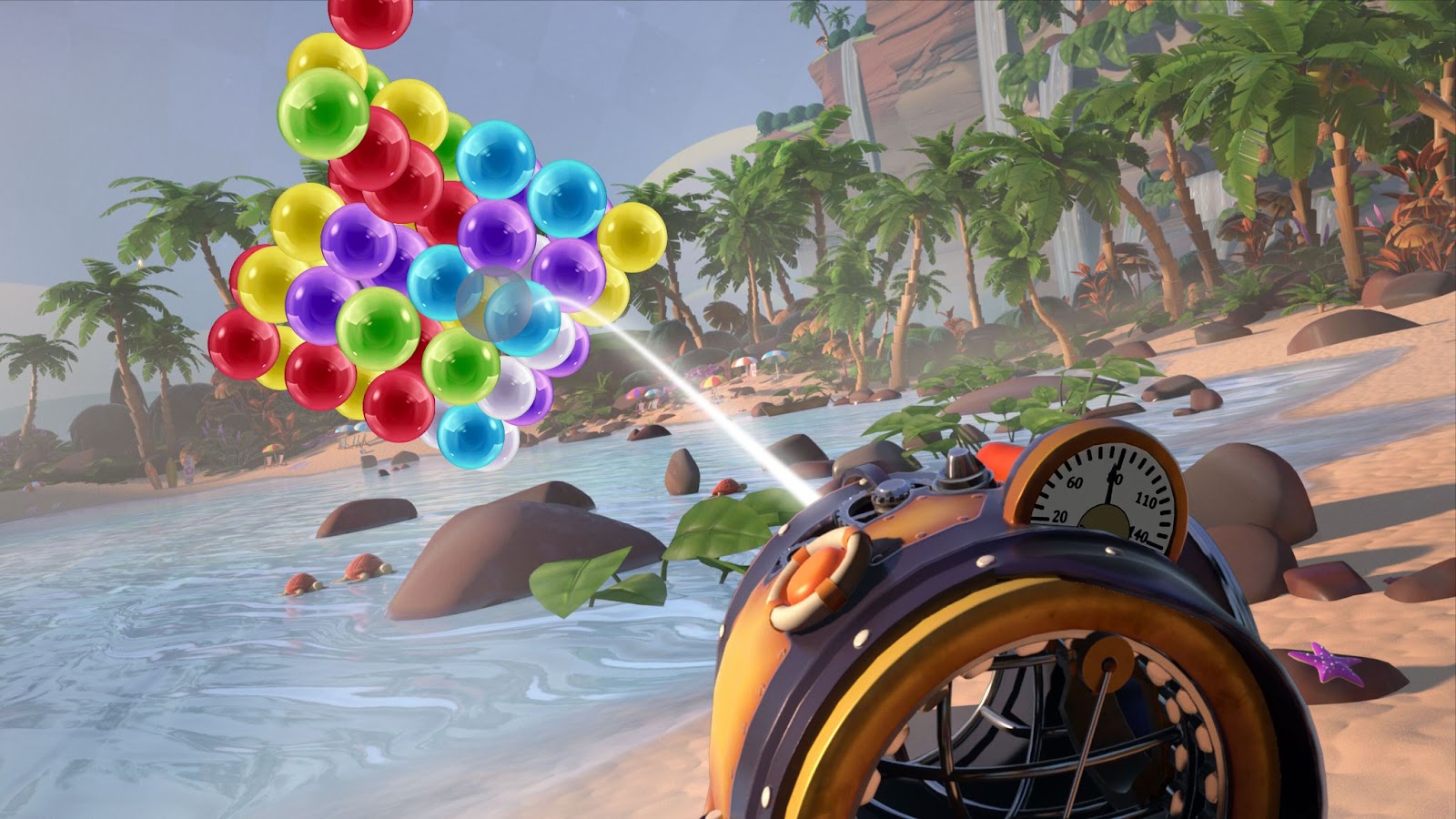 A level depicting a sandy beach, with a glorious blue sea. Colourful bubbles are in the air, a player is trying to pop them.