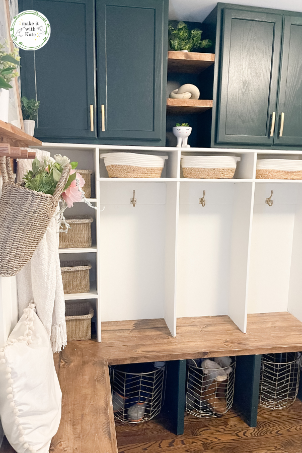12. DIY Mudroom With Lockers, Cabinets And Corner Bench