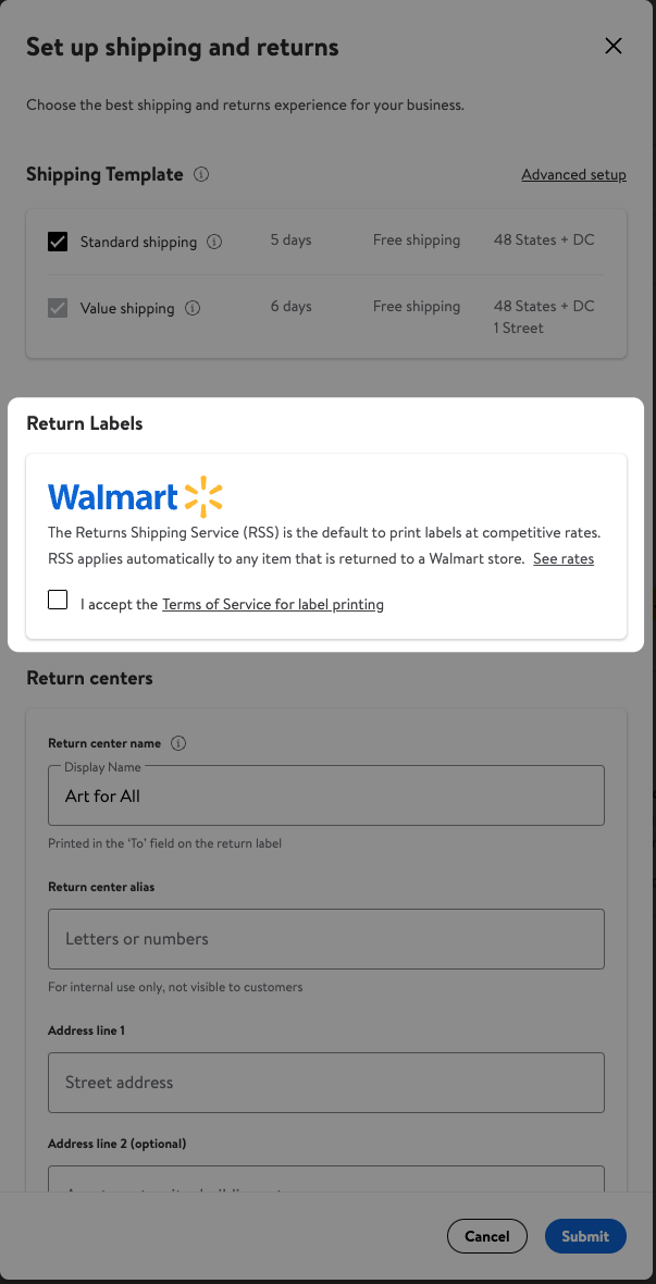 Return label options on Walmart Marketplace