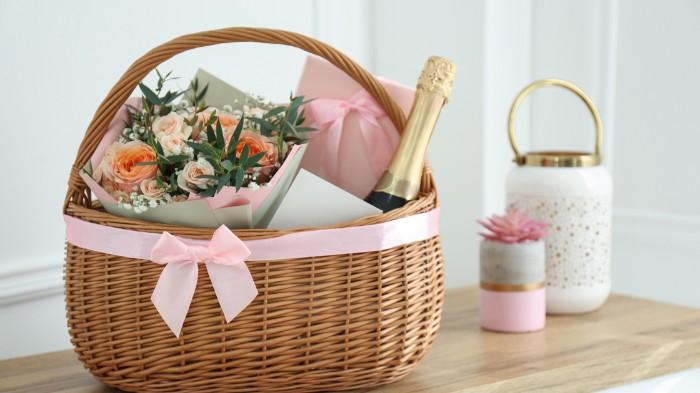 Gift Basket with flowers and wine