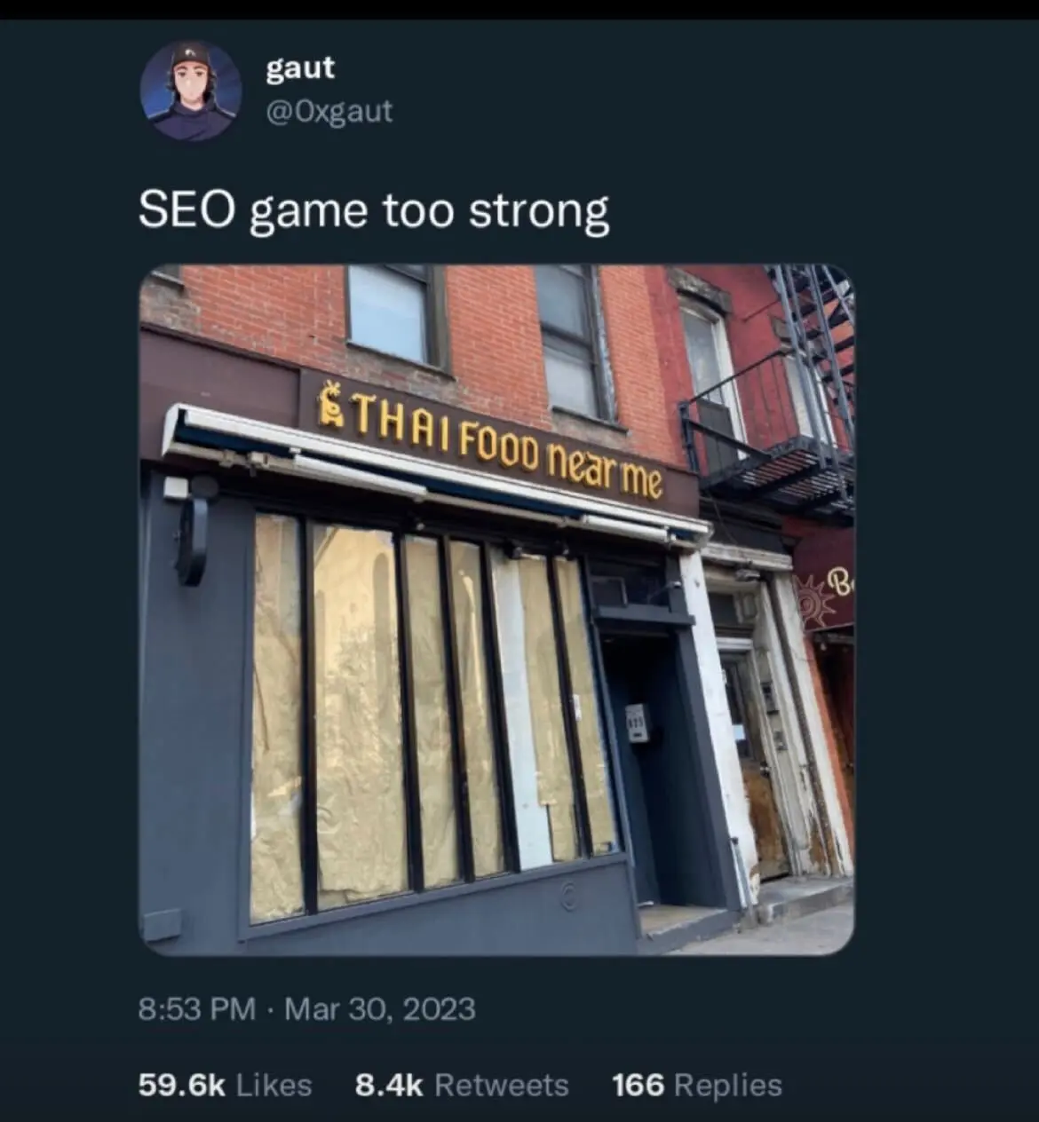 A screen capture of a Tweet from Twitter with the text reading, 'SEO game too strong,' along with a photo of a Thai restaurant with a unique name.
