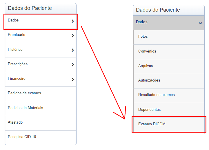 Orientações mostrando que o botão 'Exames DICOM' está dentro do submenu 'Dados' no menu lateral 'Dados do Paciente'.