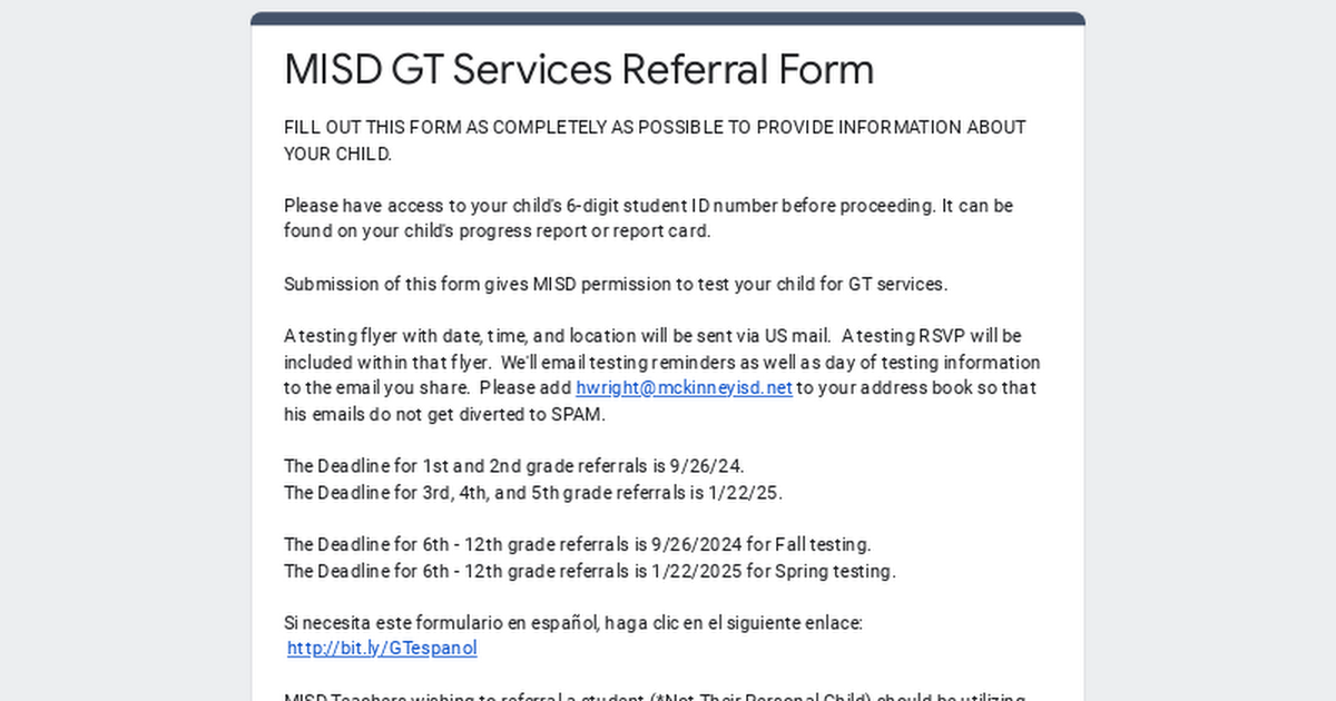 MISD Elementary GT Services Referral Form