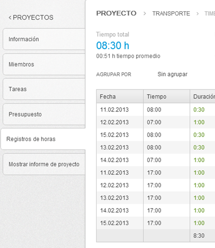 Registros de tiempo de proyectos en primaERP TIME TRACKING