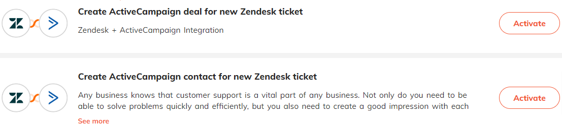 Popular automations for Zendesk & ActiveCampaign integration.