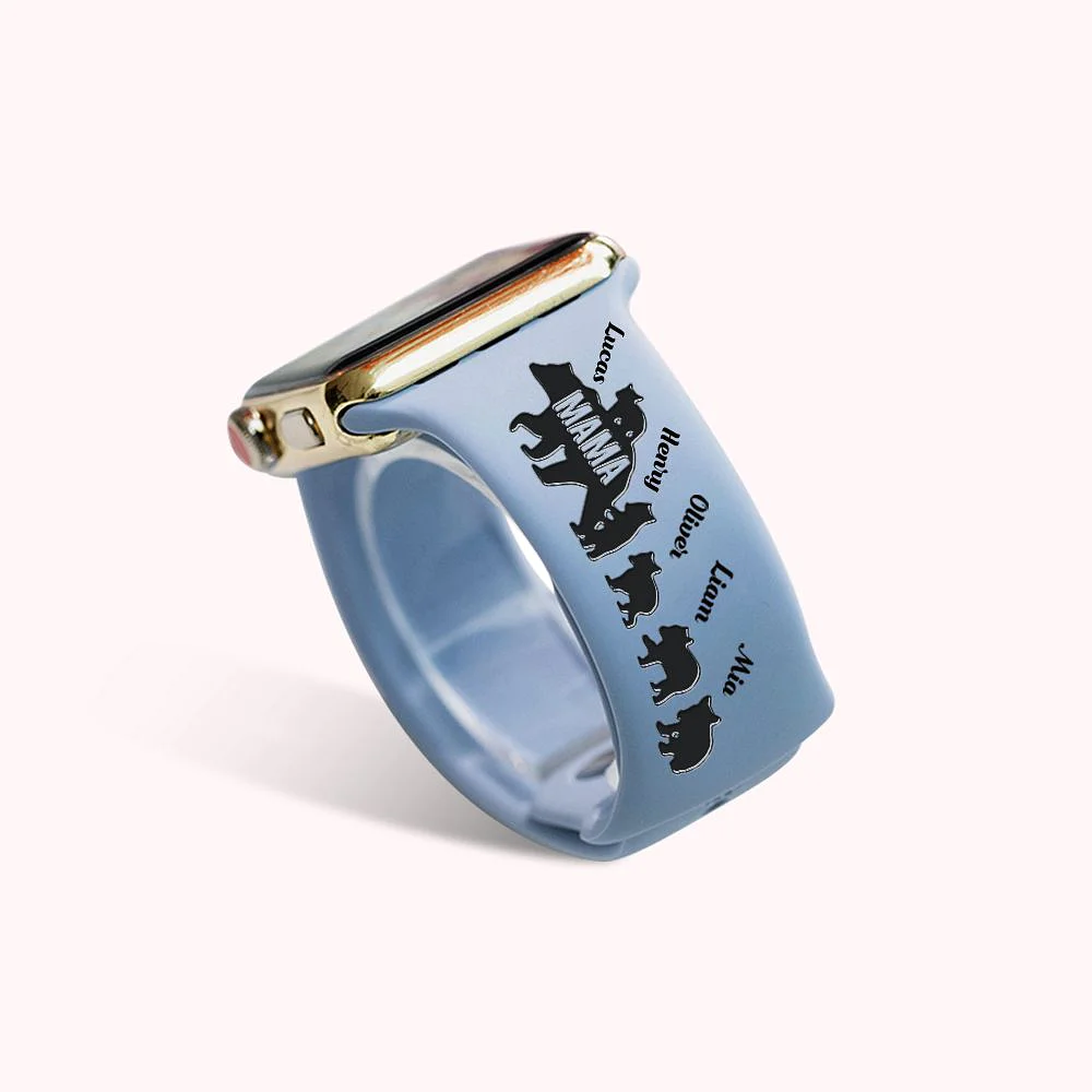 bracelet de montre bleu Samsung et Apple, personnalisé avec Oursons et prénoms