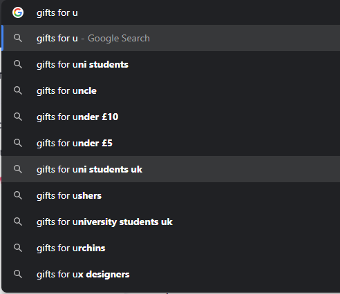 Google suggest screenshot showing listing for 'gifts for u...'