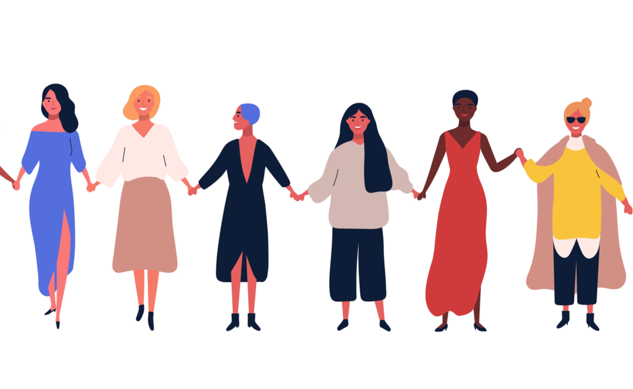 Illustrated female characters standing together holding hands