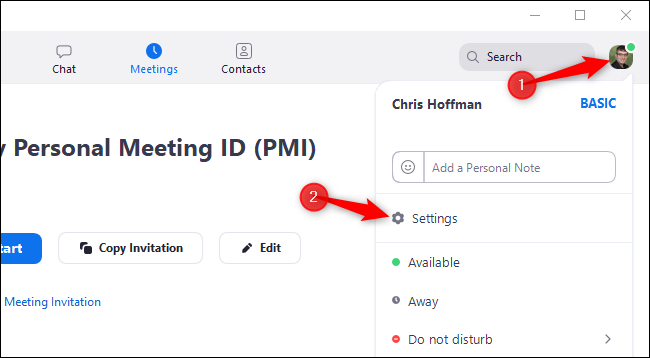Click your profile icon in Zoom and select "Settings"