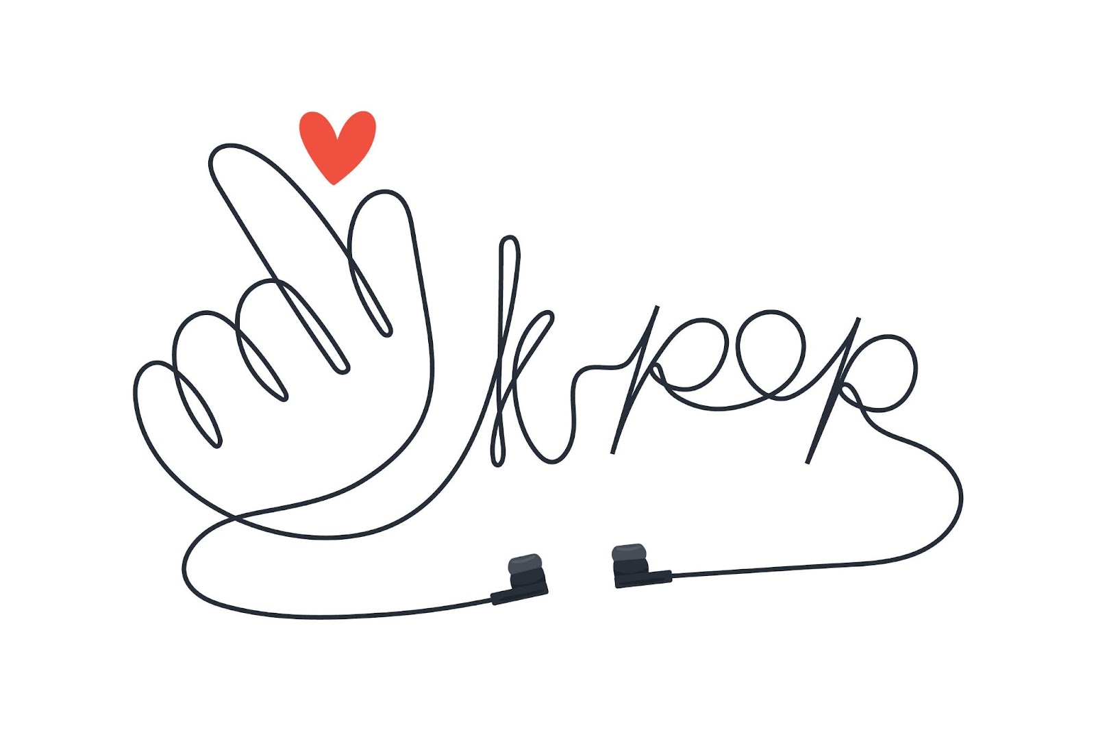 An image of an ear bud chord shaped in fingers making the heart symbol and spelling the word kpop