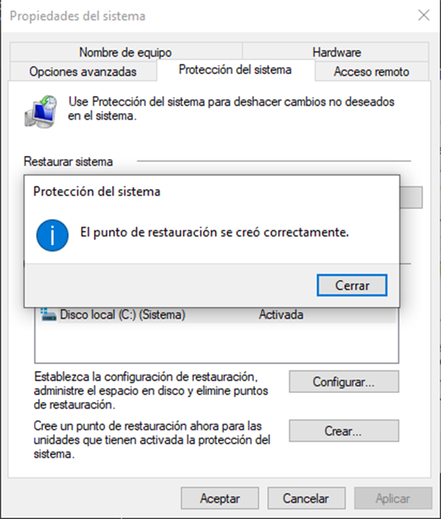 Creación del Punto de Restauración