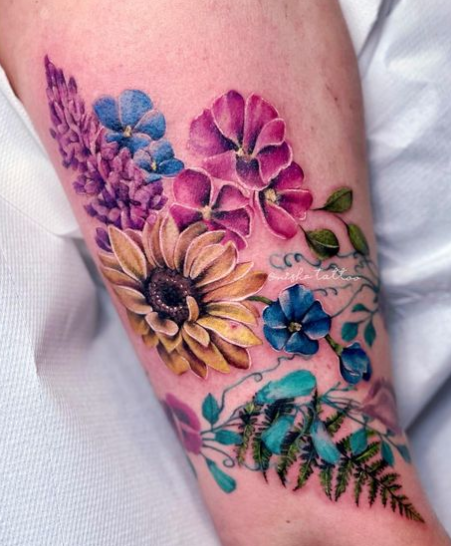 Colorful Flowers Fern Tattoo Design