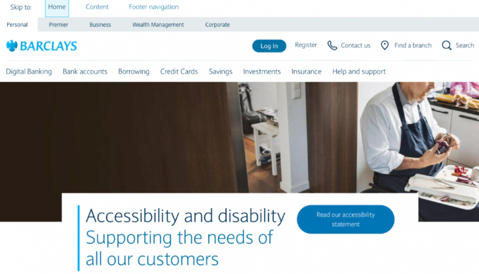 Página inicial do site do banco Barclays - destaque para a sessão de acessibilidade 