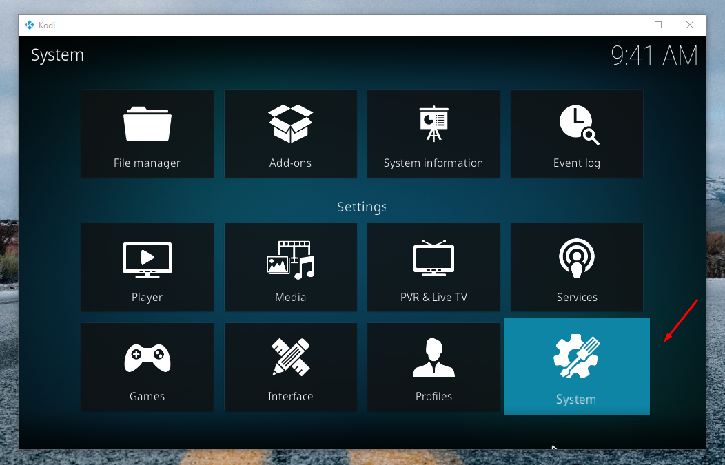 Screenshot within Kodi highlighting System menu
