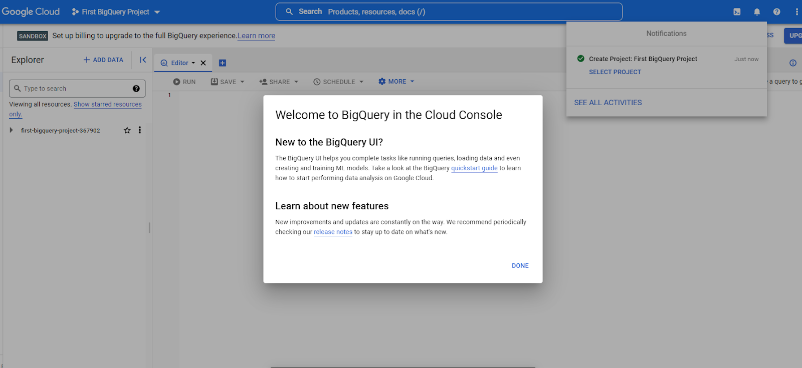 SQL workspace after creating a project in BigQuery