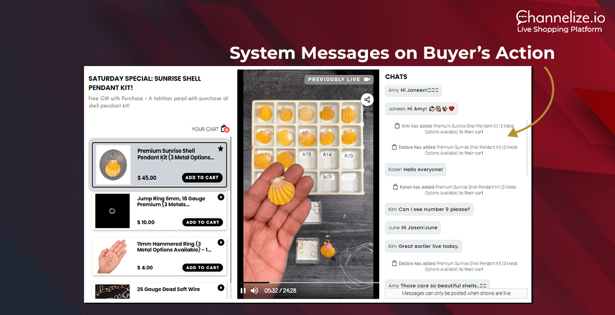 System Messages on Buyer Actions of Channelize.io Live Video Shopping Platform