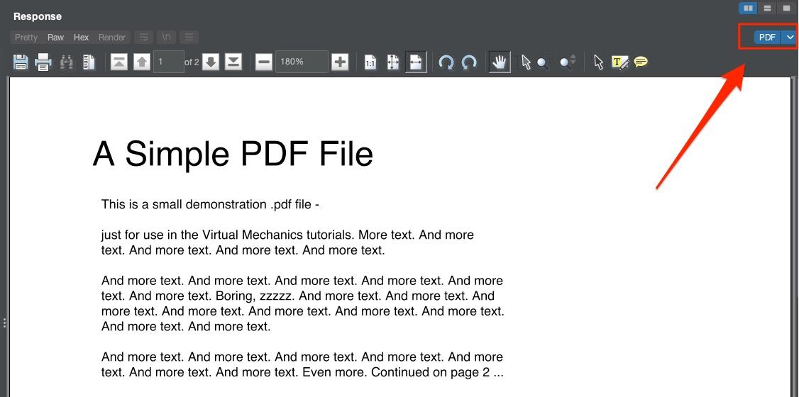 Sample of white oak security’s next screenshot - After selecting “PDF” from the drop-down menu – the PDF will be rendered within the HTTP response, like this. 