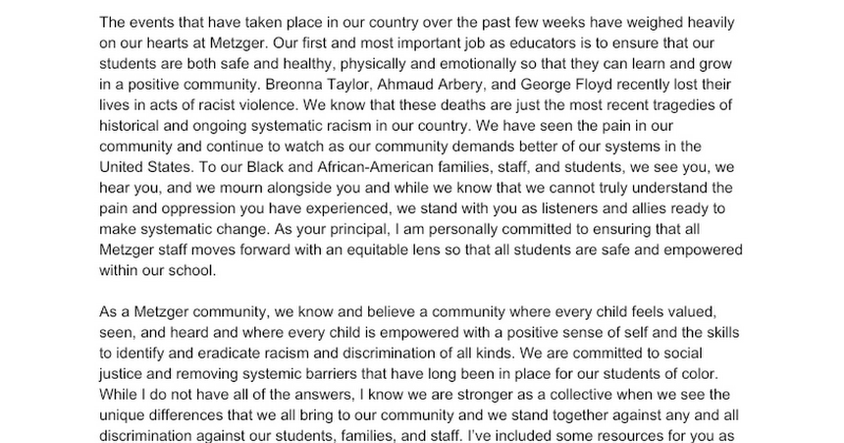Communication to Families 6/1/20