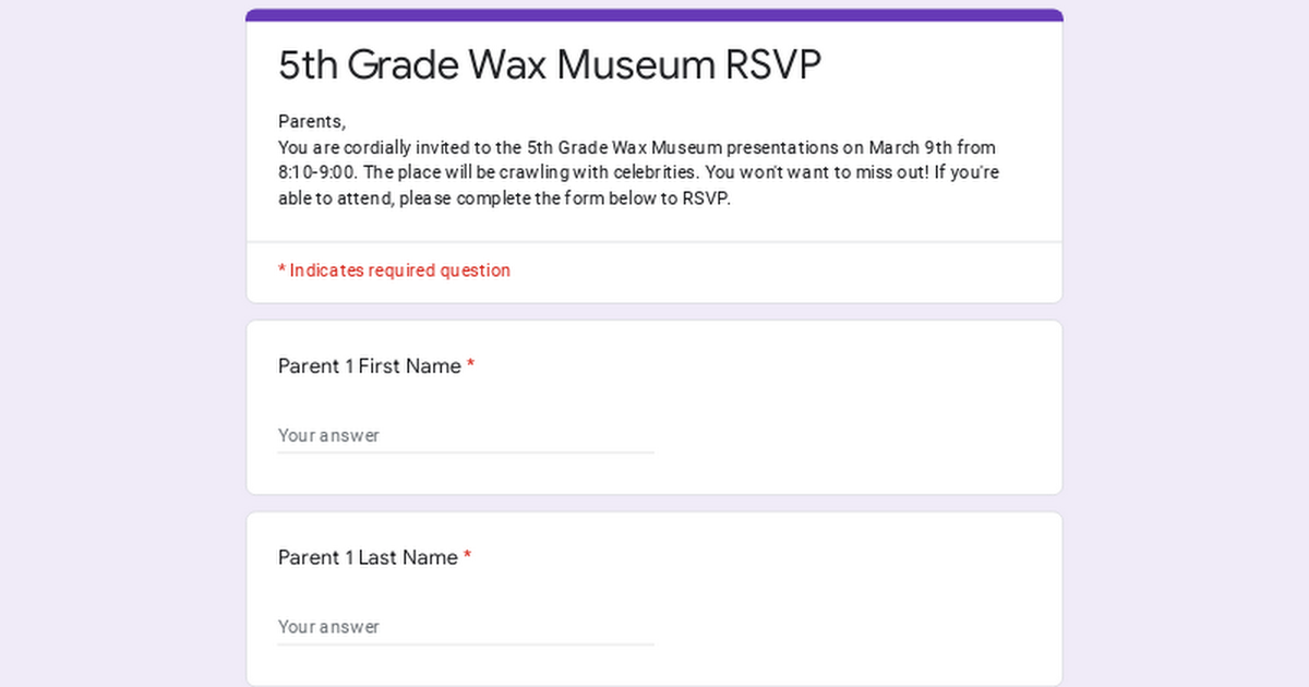 5th Grade Wax Museum RSVP