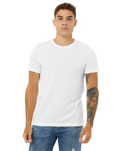 Man modeling Bella+Canvas 3001CVC white t-shirt in “solid white blend” featuring heather fabric