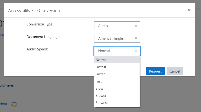 File conversion modal screen for Audio where user selects their conversion options, to request the new format file