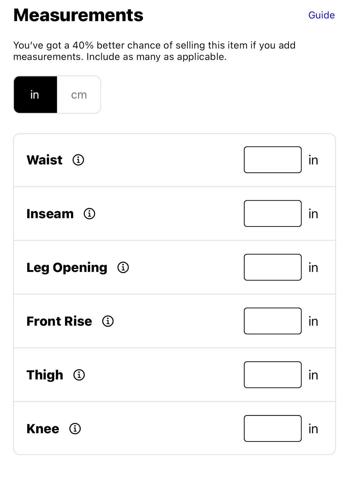 Grailed has a special field prompting you to include the measurements based upon your item.