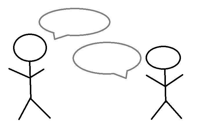 Two stick figures with empty word bubbles.