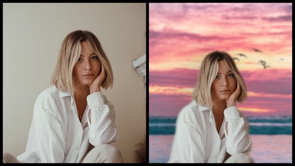 antes e depois da foto de uma mulher branca sendo que uma foi editada com a ferramenta Filtro do AirBrush