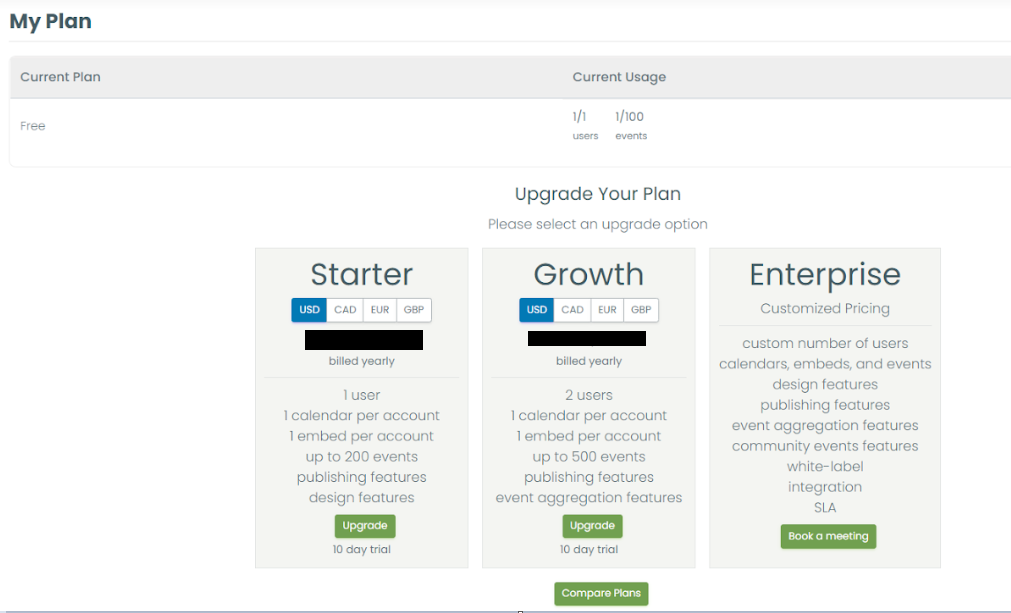 print screen of Timely event platform where you can manage and upgrade your subscription plan
