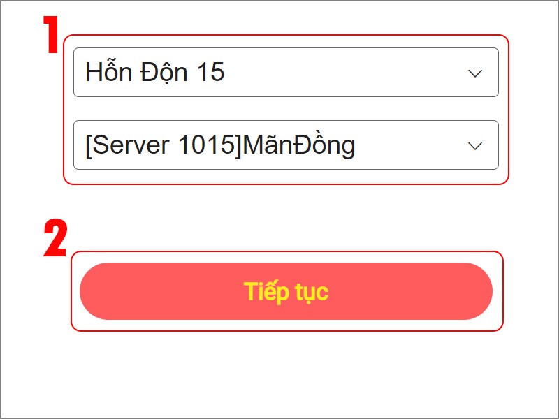 Chọn thông tin nhân vật để nạp thẻ game