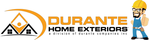 Durante Home Exteriors' logo in orange and black text with a cartoon construction worker.