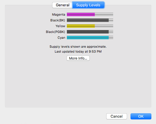 Mac OS printer cartridge supply level screen