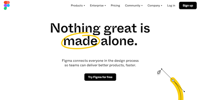 Figma landing page saying 'Nothing great is made alone' with navigation buttons on the top