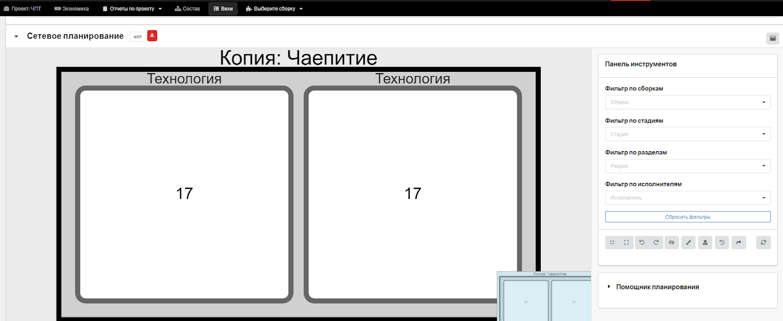 Рис. 3. Квадраты обозначают сборки проекта, цифра внутри квадрата - количество задач в сборке