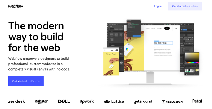 Webflow web app tool for building custom websites in visual canvas landing page with title 'The modern way to build for the web'