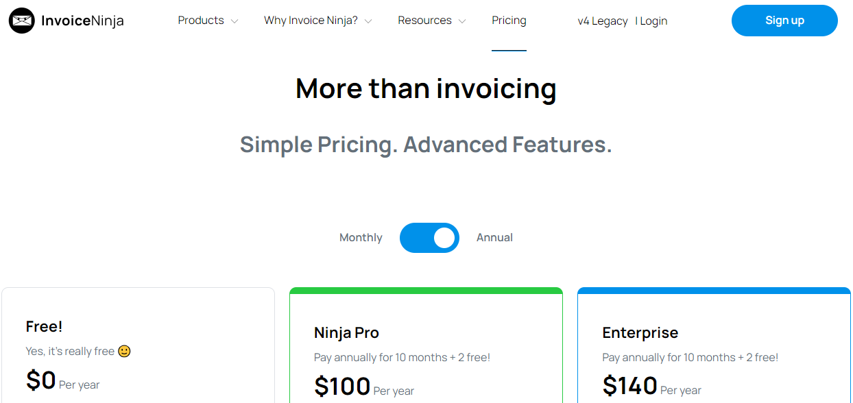 Pricing Plans Offered by Invoice Ninja
