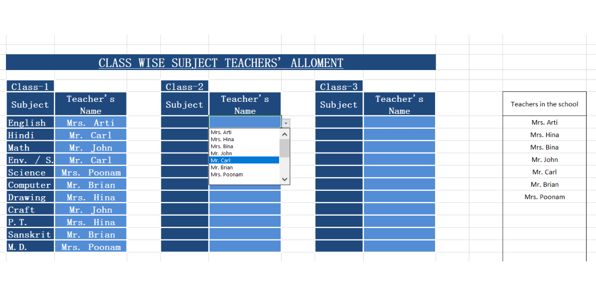 class allotment sheet | data validation drop-down for allotting teachers